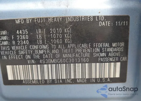 2012 Subaru Legacy 2.5I Premium из США, поврежденный, VIN 4S3BMBG60C3013160